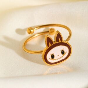 18K Gold Plated Brown Enamel Labubu Theme Ring No Fade Zimomo The Monsters